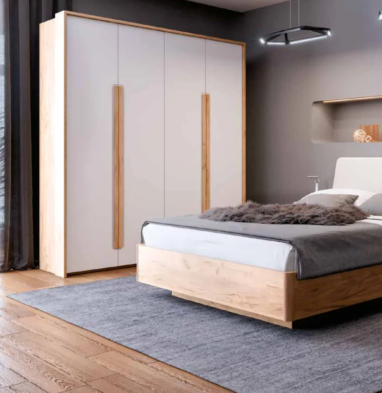 Шкаф четырехстворчатый  "Гармошка" Соренто Дуб Краф золотой/Сатин белый (EM) | Интернет магазин Масса Мебель