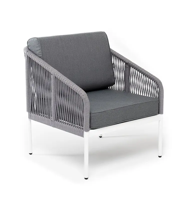 "Канны" кресло плетеное из роупа, каркас алюминий белый шагрень, роуп светло-серый круглый, ткань серая (sis) | Интернет магазин Масса Мебель