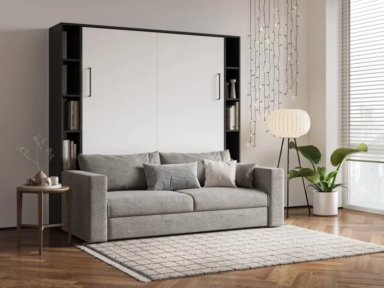 Встроенная кровать-трансформер с диваном черный ясень / перламутр | Интернет магазин Масса Мебель