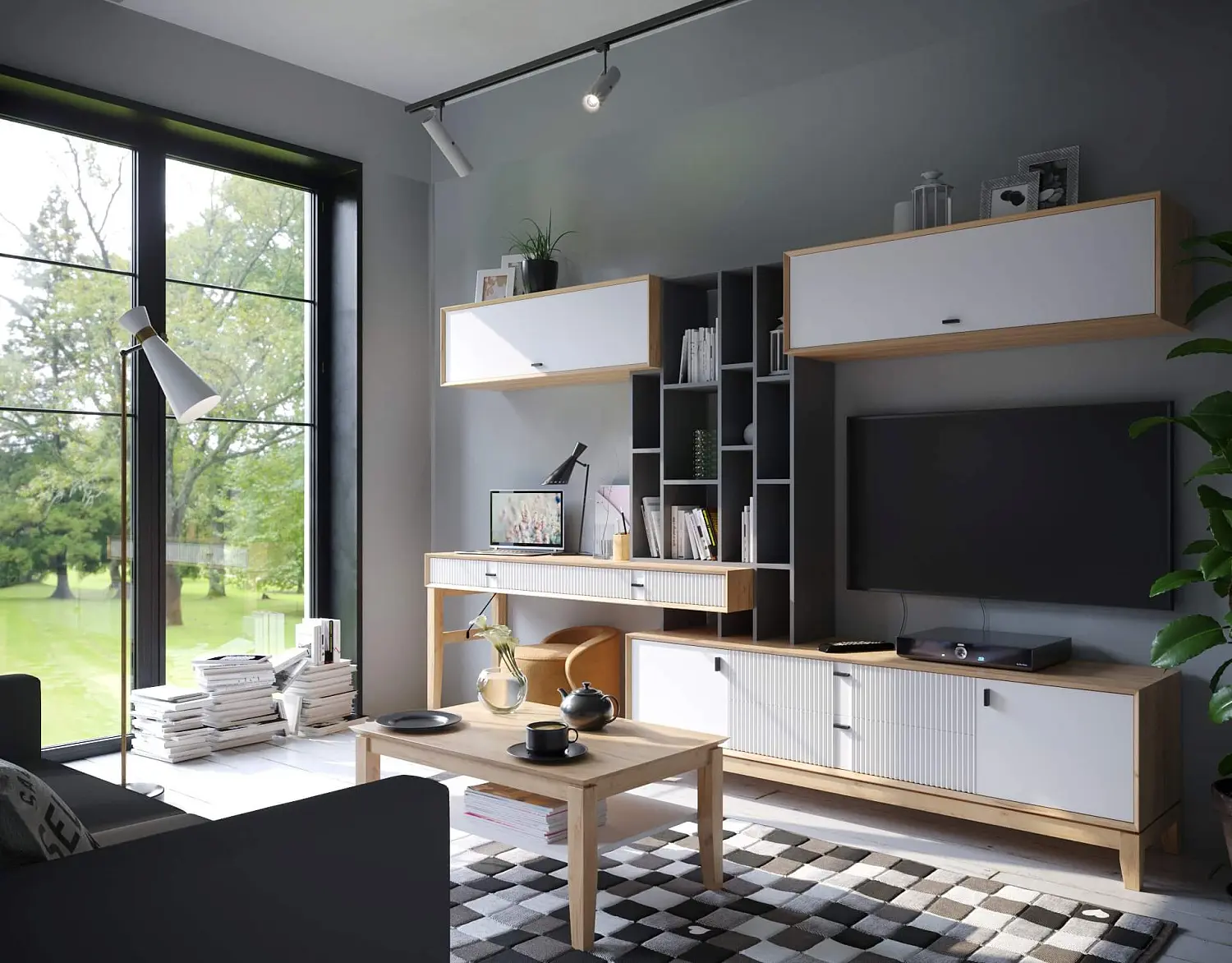 Комплект мебели в гостиную Бари композиция №1 (Дуб Золотой/Белый) ЛД