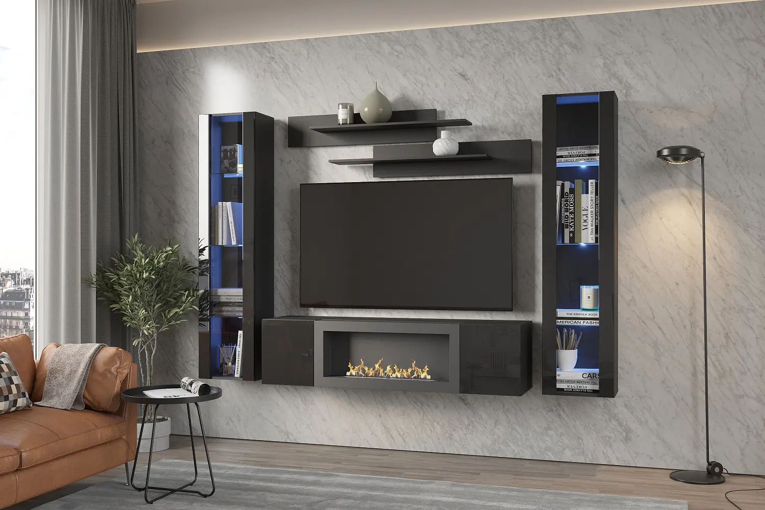 Тумба ТВ навесная c биокамином Point Т-28 Черный глянец (NK)