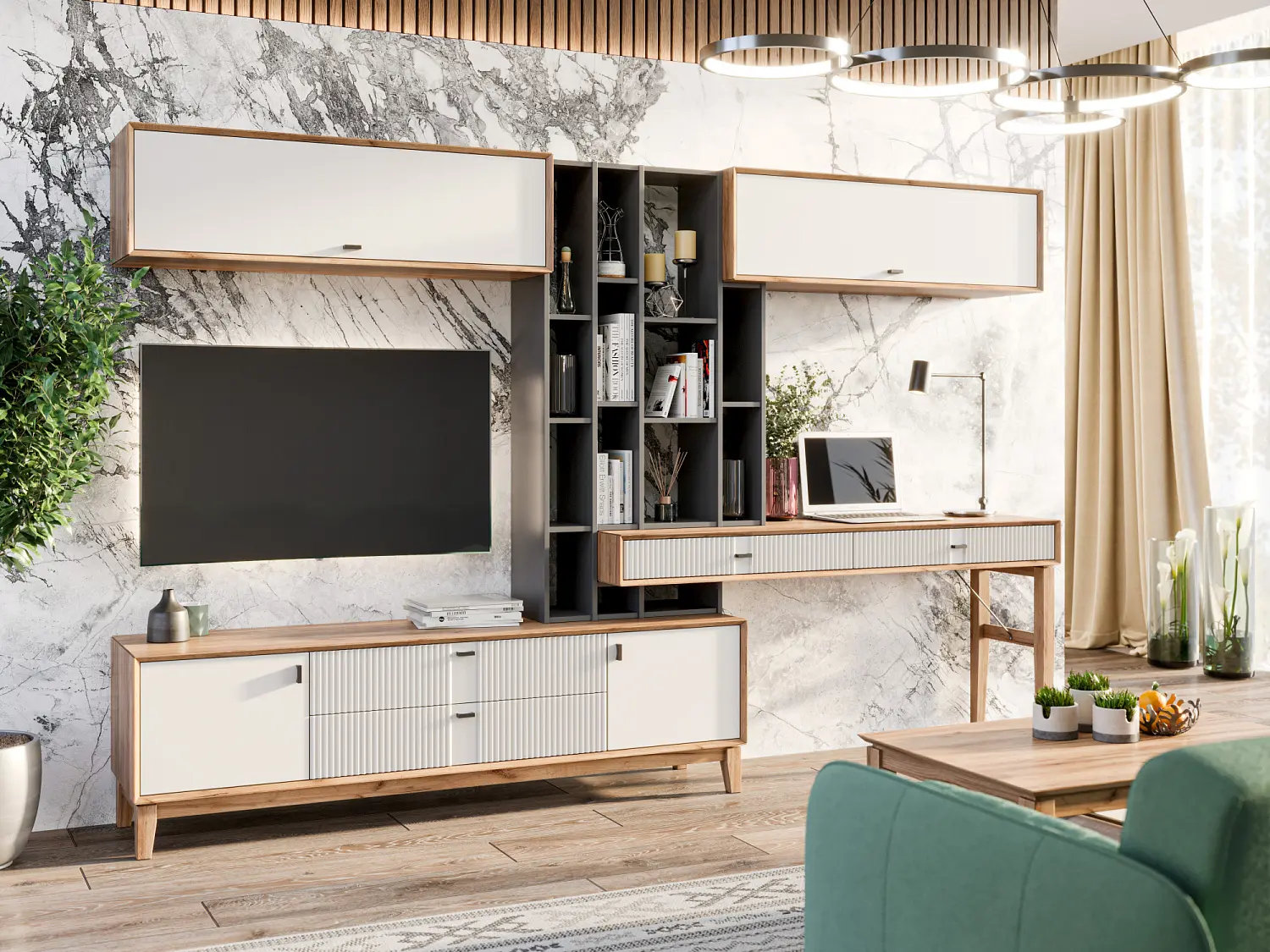 Комплект мебели в гостиную Бари композиция №2 (Дуб Золотой/Белый) ЛД