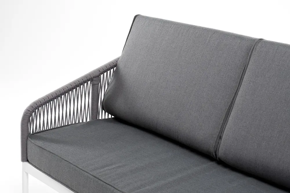 "Канны" диван 3-местный плетеный из роупа, каркас алюминий белый шагрень, роуп светло-серый круглый, ткань серая (sis) - интернет магазин Масса Мебель