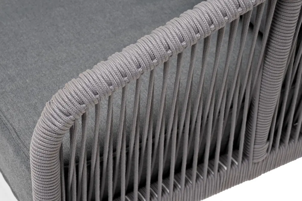 "Канны" диван 3-местный плетеный из роупа, каркас алюминий белый шагрень, роуп светло-серый круглый, ткань серая (sis) - интернет магазин Масса Мебель