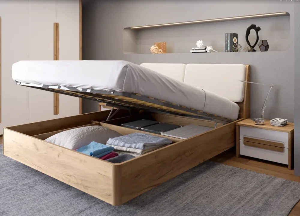 Кровать двуспальная 160х200 с подъемным механизмом Соренто Дуб Краф золотой/Сатин белый (EM) | Интернет магазин Масса Мебель