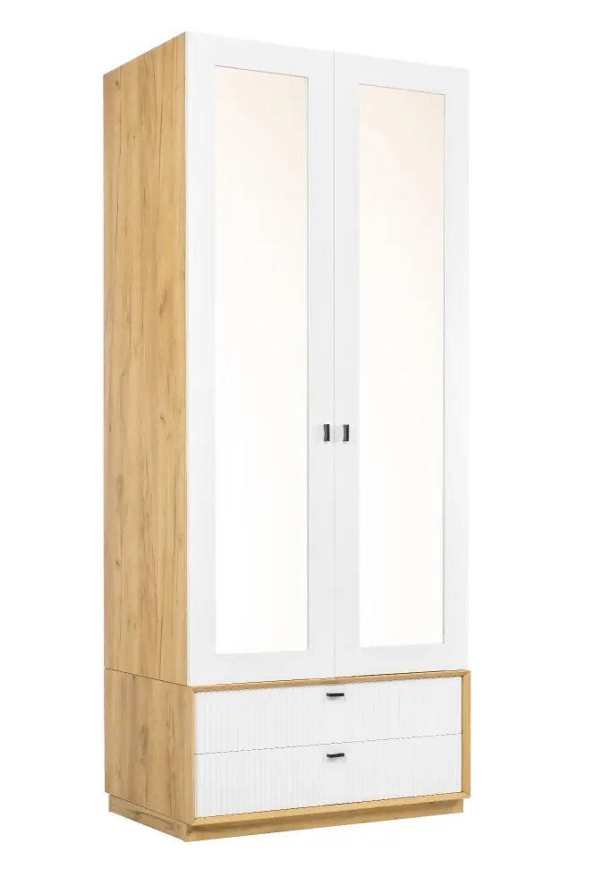 Шкаф двухстворчатый с зеркалом Бари (Дуб Золотой/Белый) ЛД | Интернет магазин Масса Мебель
