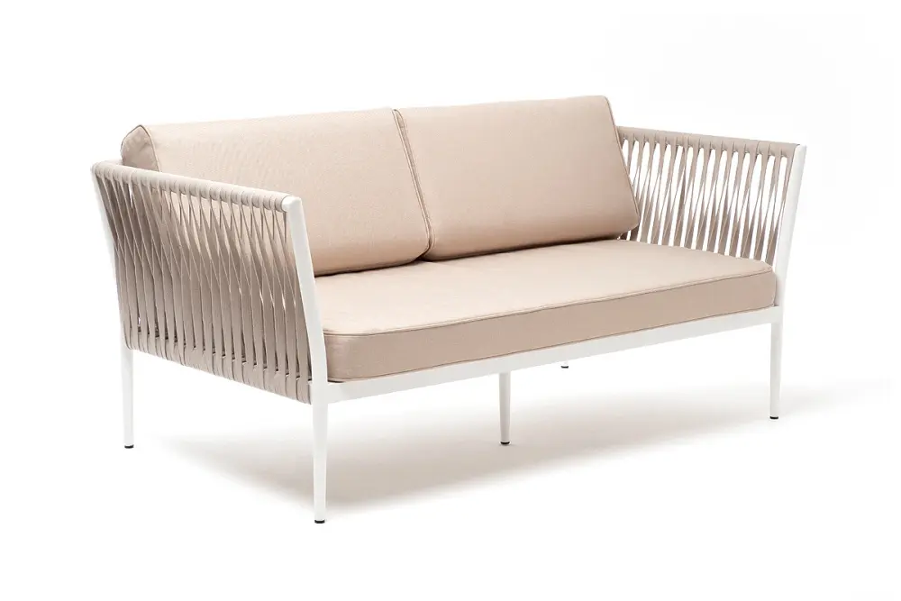 "Касабланка" диван 2-местный плетеный из роупа, каркас алюминий светло-серый (RAL7035) шагрень, роуп серо-коричневый 23мм, ткань Savana ivory (sis) | Интернет магазин Масса Мебель