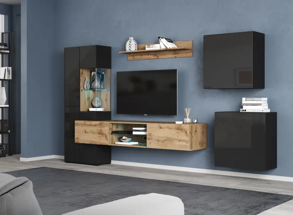 Комплект мебели в гостиную Point Т-70 Дуб Вотан/Чёрный глянец(NK) - интернет магазин Масса Мебель