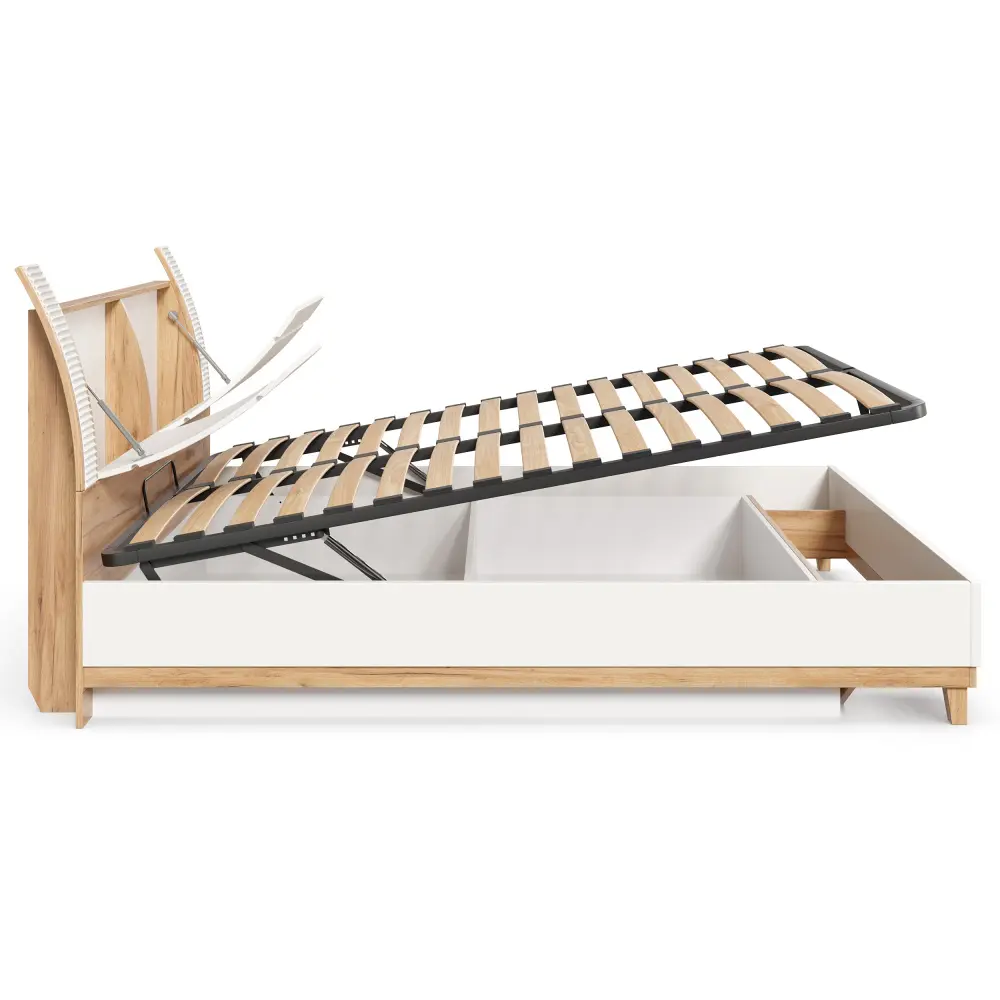 Кровать двуспальная Бари 160х200 с подъёмным механизмом и с нишами в изголовье (Дуб Золотой/Белый) ЛД | Интернет магазин Масса Мебель