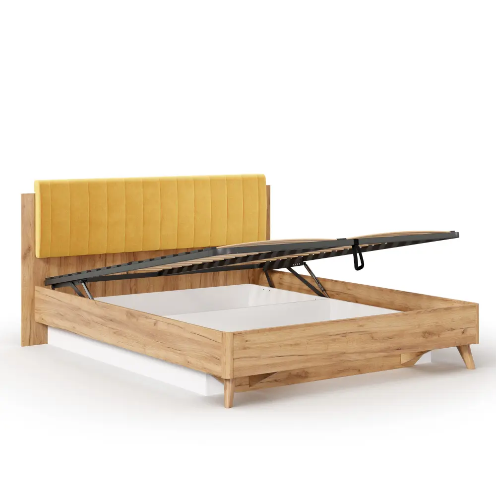 Кровать Марта-2  1600 с подъемным механизмом (вертикальная стежка Phuket) (Дуб Золотой/Горчично-желтый) | Интернет магазин Масса Мебель