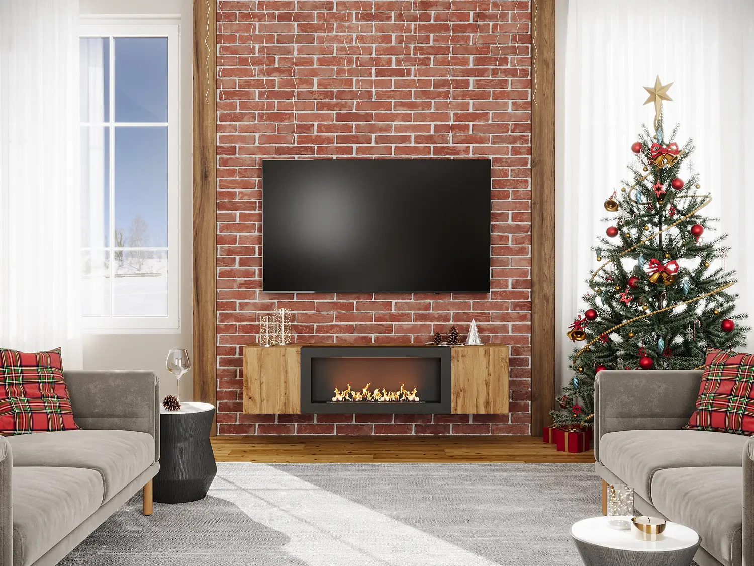 Тумба ТВ навесная с биокамином Point Т-28 Белый глянец (NK)