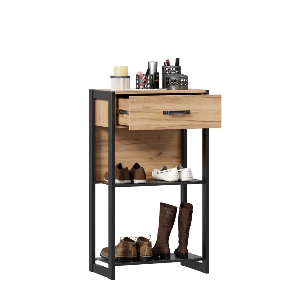 Тумба с полками Техно (Дуб Золотой/Чёрный) ЛД | Интернет магазин Масса Мебель