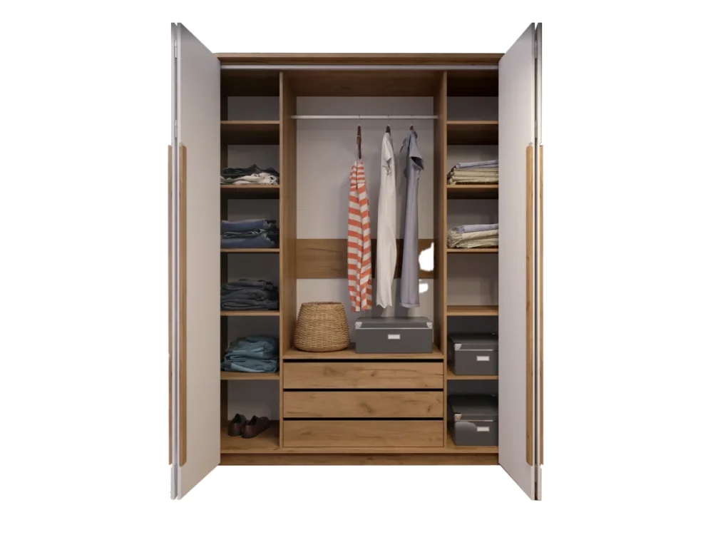 Шкаф четырехстворчатый  "Гармошка" Соренто Дуб Краф золотой/Сатин белый (EM) | Интернет магазин Масса Мебель