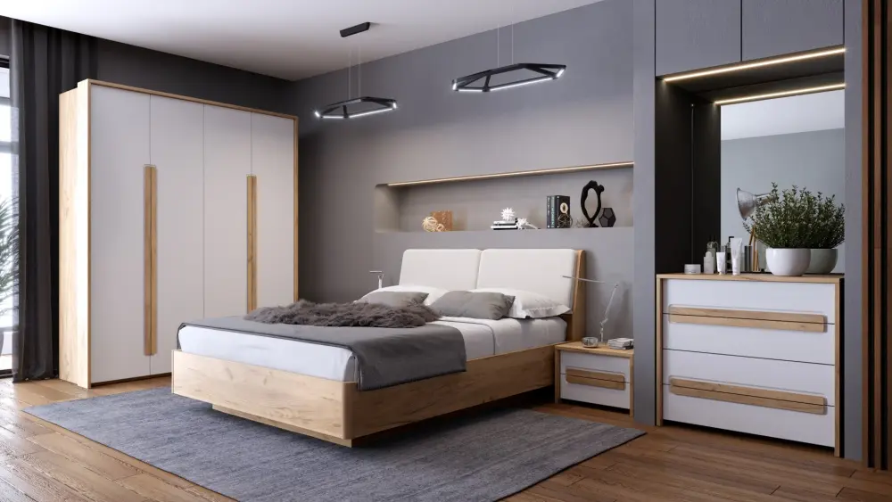 Кровать двуспальная 160х200 с кроватным основанием Соренто Дуб Краф золотой/Сатин белый (EM) | Интернет магазин Масса Мебель