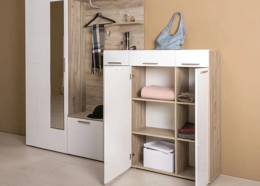 Шкаф многоцелевой для прихожей Лайн 10.16 Дуб серый /белый глянец (Mob) - интернет магазин Масса Мебель