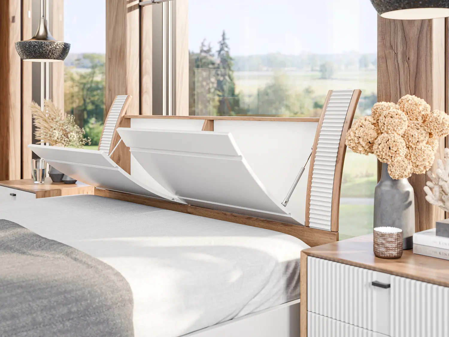 Кровать двуспальная Бари 160х200 с подъёмным механизмом и с нишами в изголовье (Дуб Золотой/Белый) ЛД