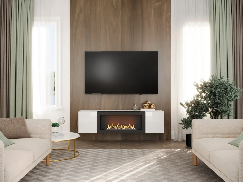 Тумба ТВ навесная с биокамином Point Т-28 Белый глянец (NK) | Интернет магазин Масса Мебель