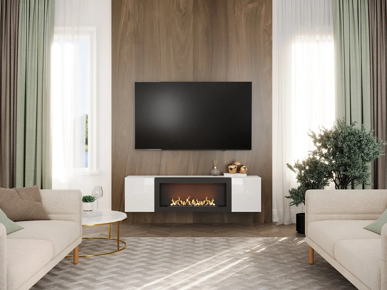 Тумба ТВ навесная с биокамином Point Т-28 Белый глянец (NK)