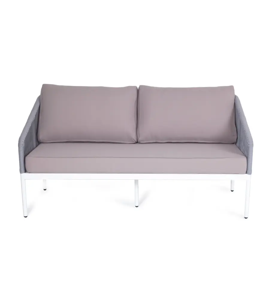 "Канны" диван 2-местный плетеный из роупа, каркас алюминий белый, роуп светло-серый круглый, ткань светло-серая (sis) | Интернет магазин Масса Мебель