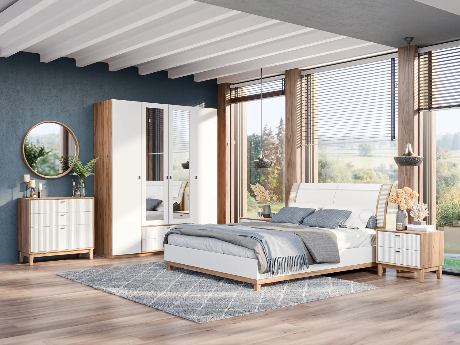 Кровать двуспальная Бари 160х200 с подъёмным механизмом и с нишами в изголовье (Дуб Золотой/Белый) ЛД