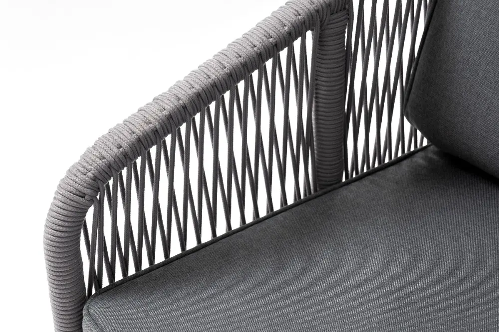 "Канны" кресло плетеное из роупа, каркас алюминий белый шагрень, роуп светло-серый круглый, ткань серая (sis) | Интернет магазин Масса Мебель