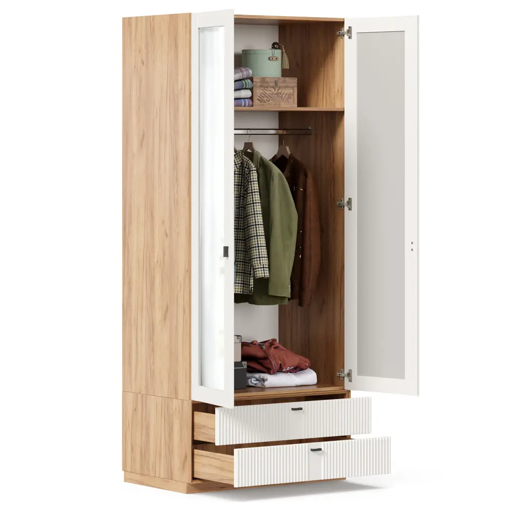 Шкаф двухстворчатый с зеркалом Бари (Дуб Золотой/Белый) ЛД | Интернет магазин Масса Мебель