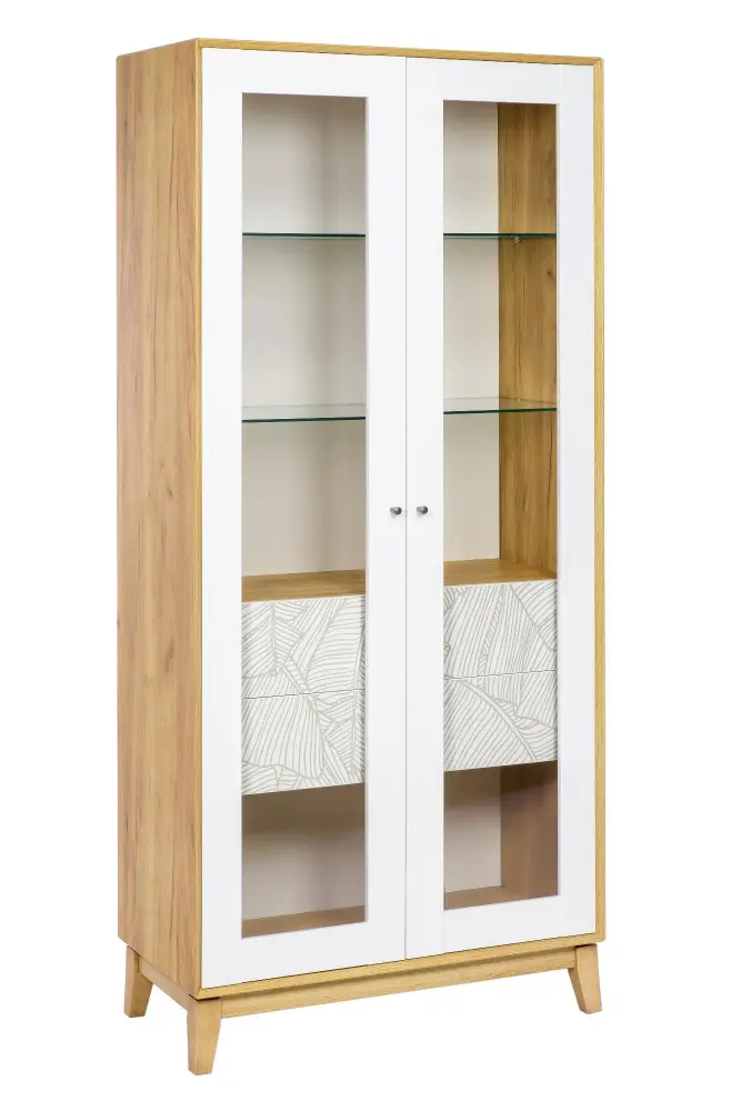 Шкаф витрина двухстворчатый Ройбен (Дуб золотой/Белый) ЛД | Интернет магазин Масса Мебель