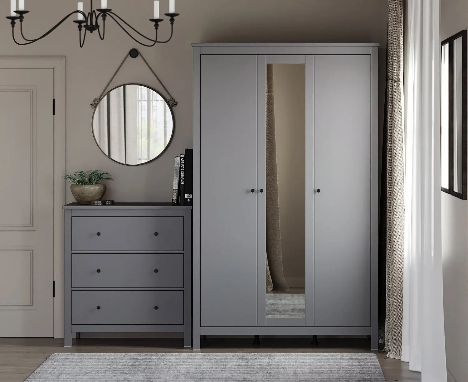 Шкаф трехстворчатый с зеркалом Сага 3 двери серый (GL)