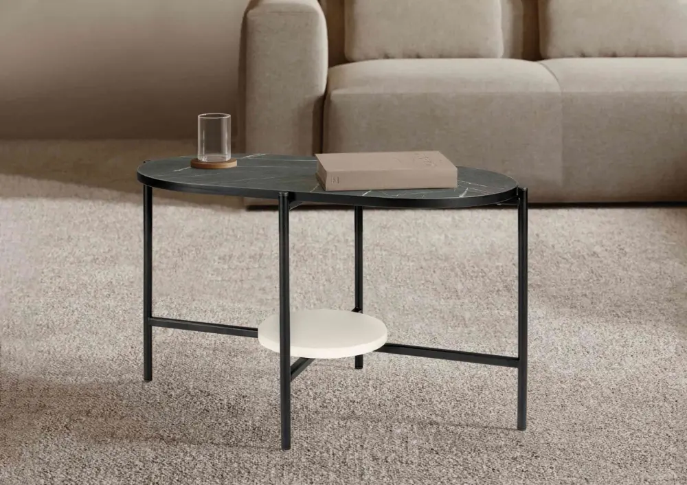 Журнальный стол №73 камень пьетра+белый, металл черный - интернет магазин Масса Мебель