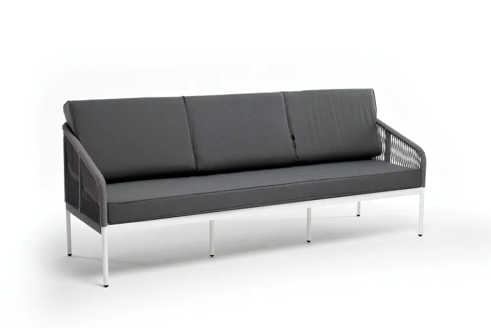 "Канны" диван 3-местный плетеный из роупа, каркас алюминий белый шагрень, роуп светло-серый круглый, ткань серая (sis) - интернет магазин Масса Мебель