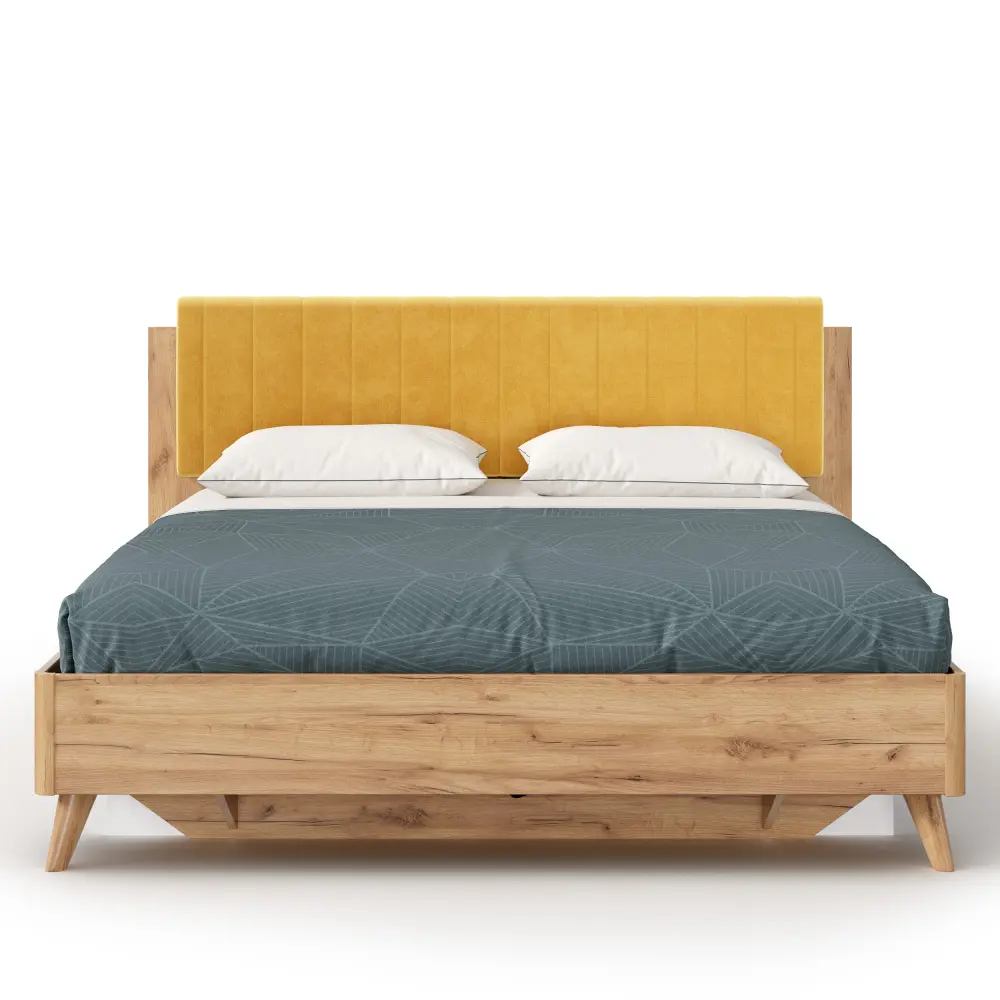 Кровать Марта-2  1600 с подъемным механизмом (вертикальная стежка Phuket) (Дуб Золотой/Горчично-желтый) | Интернет магазин Масса Мебель