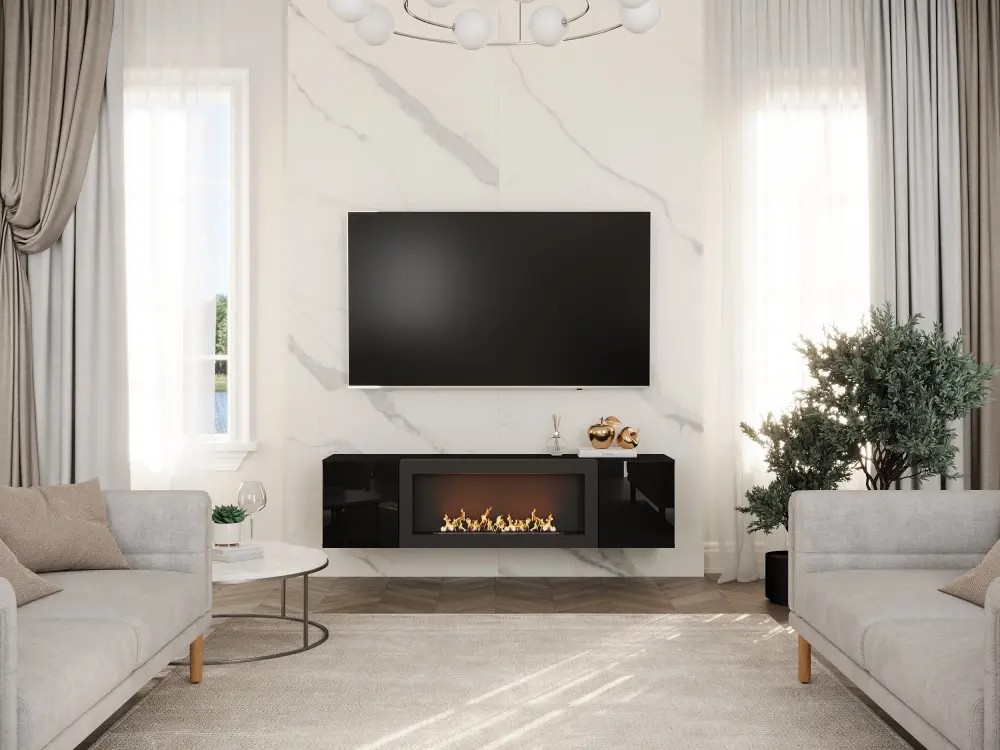 Тумба ТВ навесная c биокамином Point Т-28 Черный глянец (NK) | Интернет магазин Масса Мебель