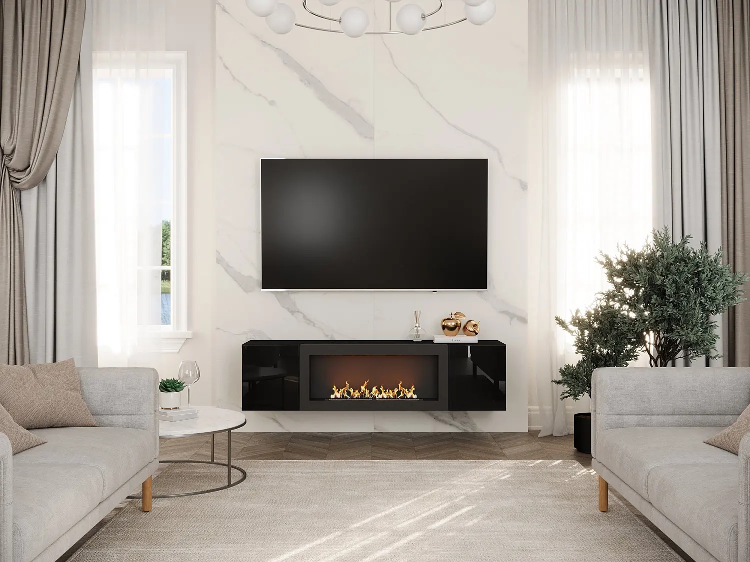 Тумба ТВ навесная с биокамином Point Т-28 Белый глянец (NK)