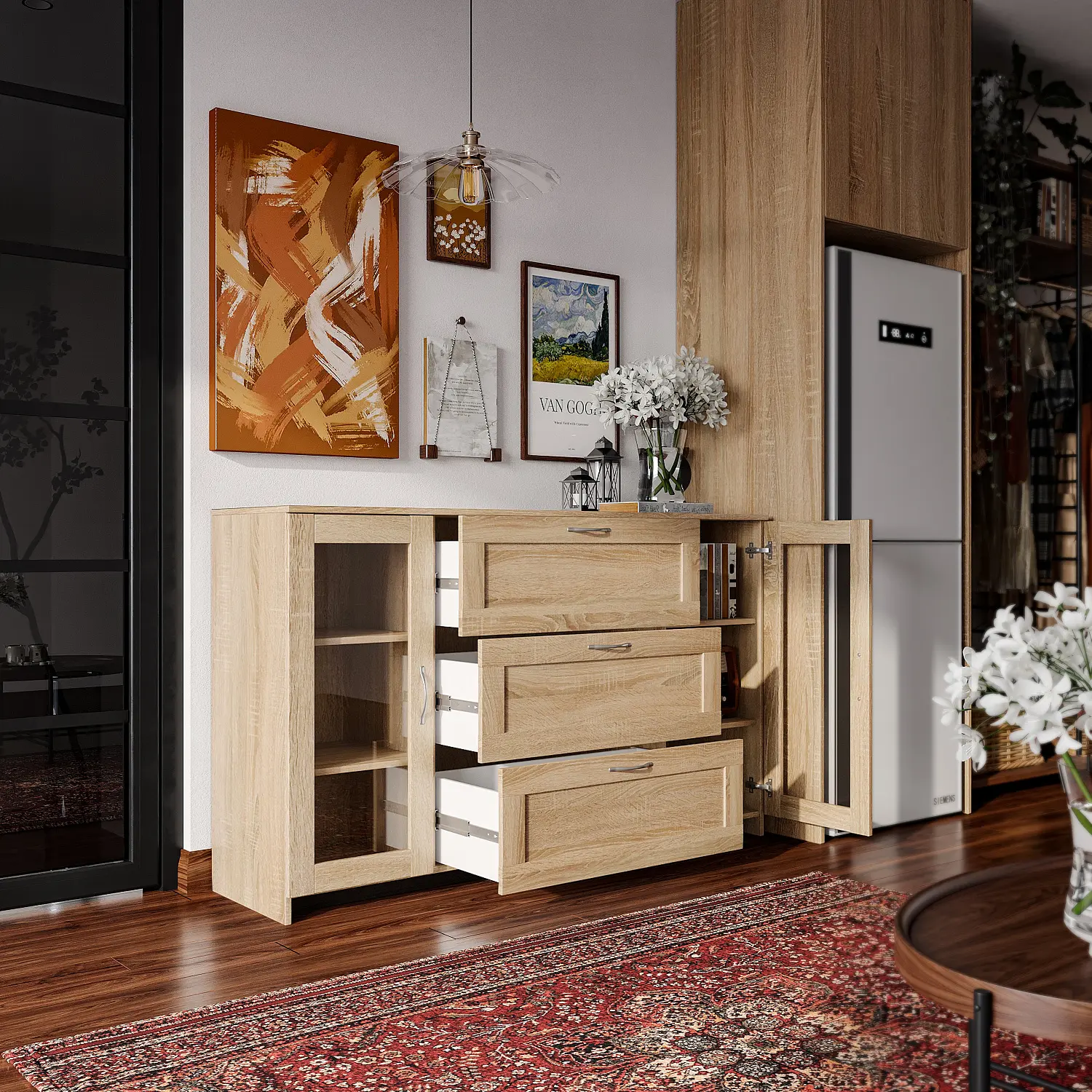 Тумба Сириус 2 двери со стеклом и 3 ящика 156х95 дуб сонома (GL)