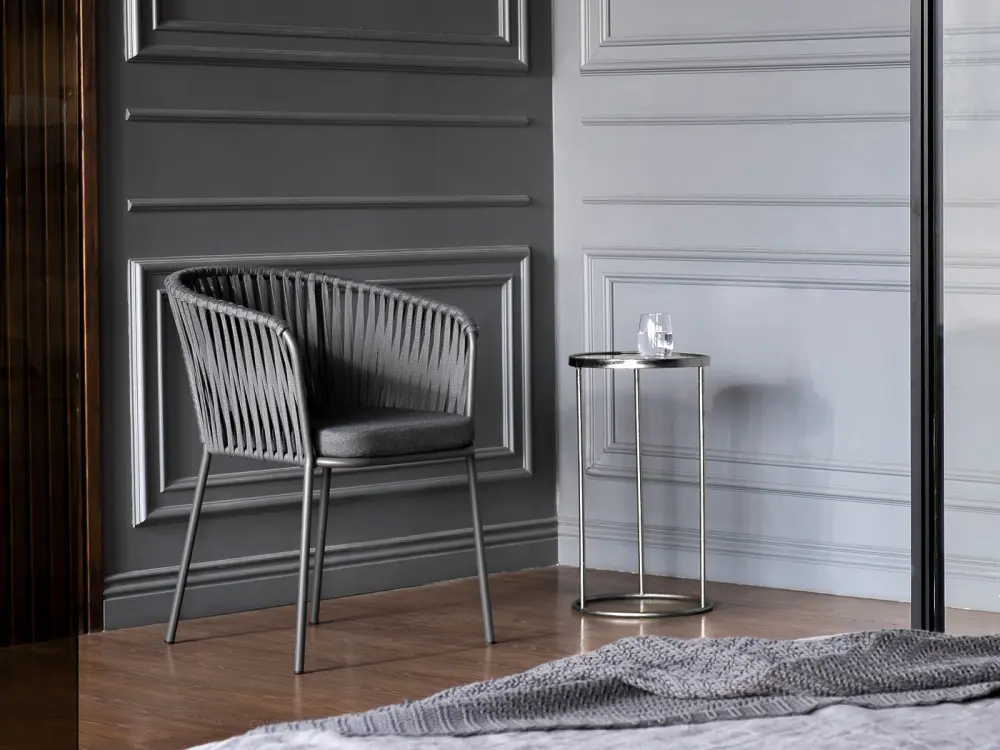 "Бордо" стул плетеный из роупа, каркас алюминий темно-серый (RAL7024) шагрень, роуп серый 15мм, ткань серая (sis) | Интернет магазин Масса Мебель