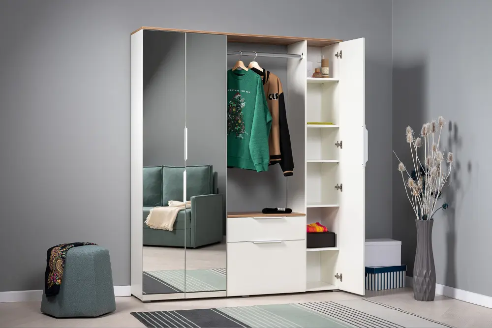 Шкаф распашной узкий с зеркалом Октава 13.338 Белый шагрень / дуб крафт золотой (Mob) | Интернет магазин Масса Мебель