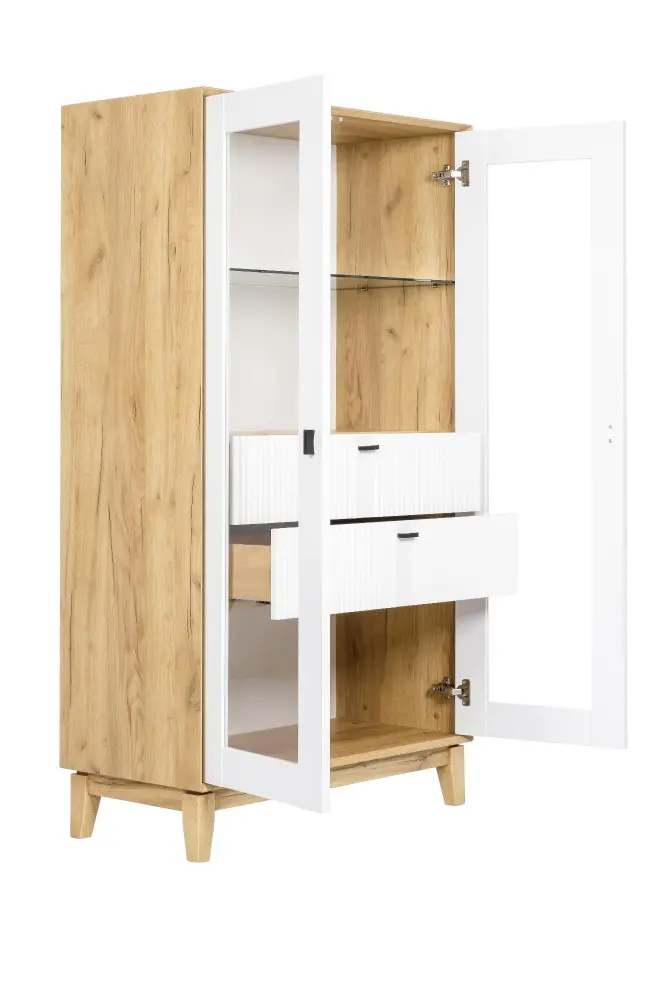 Шкаф витрина двухстворчатый малый Бари (Дуб Золотой/Белый) ЛД | Интернет магазин Масса Мебель