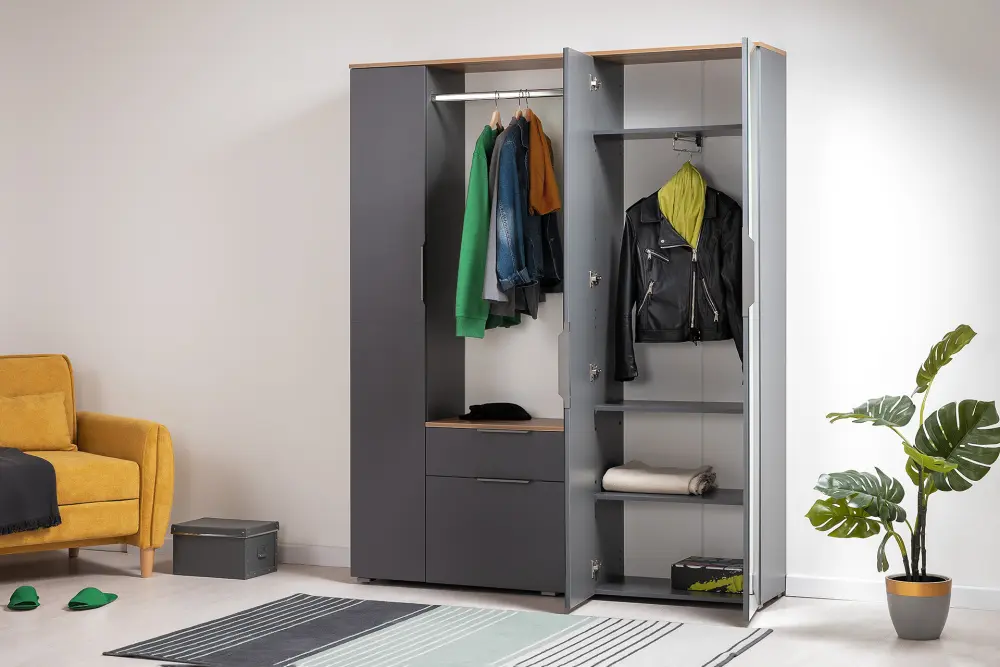 Шкаф распашной узкий Октава 13.338 Серый Графит/Дуб Золотой (Mob) | Интернет магазин Масса Мебель