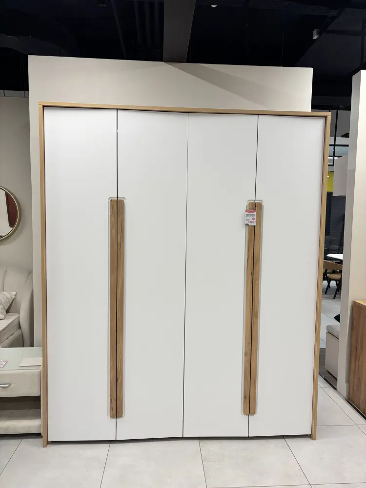 Шкаф четырехстворчатый  "Гармошка" Соренто Дуб Краф золотой/Сатин белый (EM) | Интернет магазин Масса Мебель