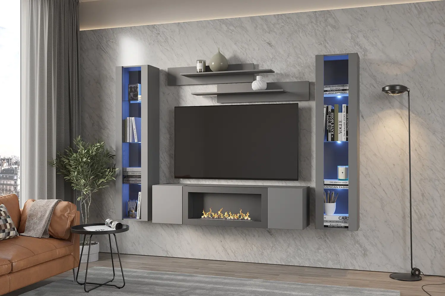 Тумба ТВ навесная с биокамином Point Т-28 Серый Графит (NK)