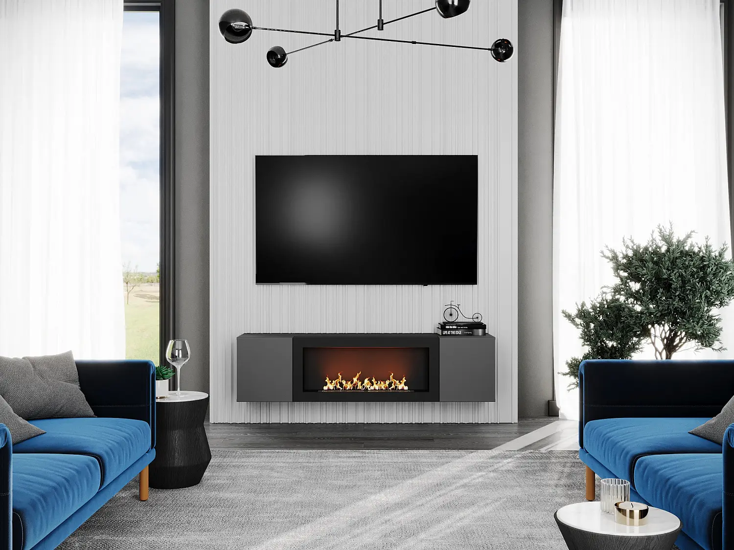 Тумба ТВ навесная с биокамином Point Т-28 Серый Графит (NK)