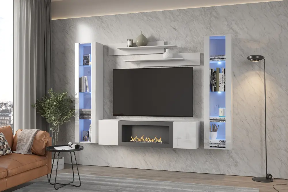 Тумба ТВ навесная с биокамином Point Т-28 Белый глянец (NK) | Интернет магазин Масса Мебель