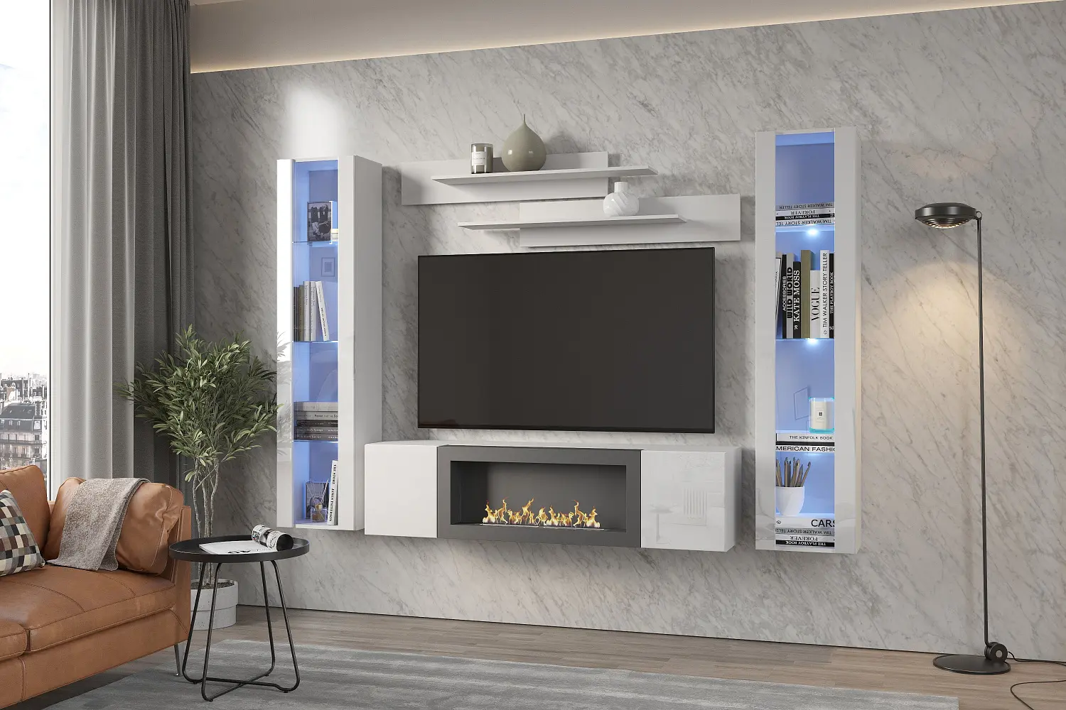 Тумба ТВ навесная с биокамином Point Т-28 Белый глянец (NK)