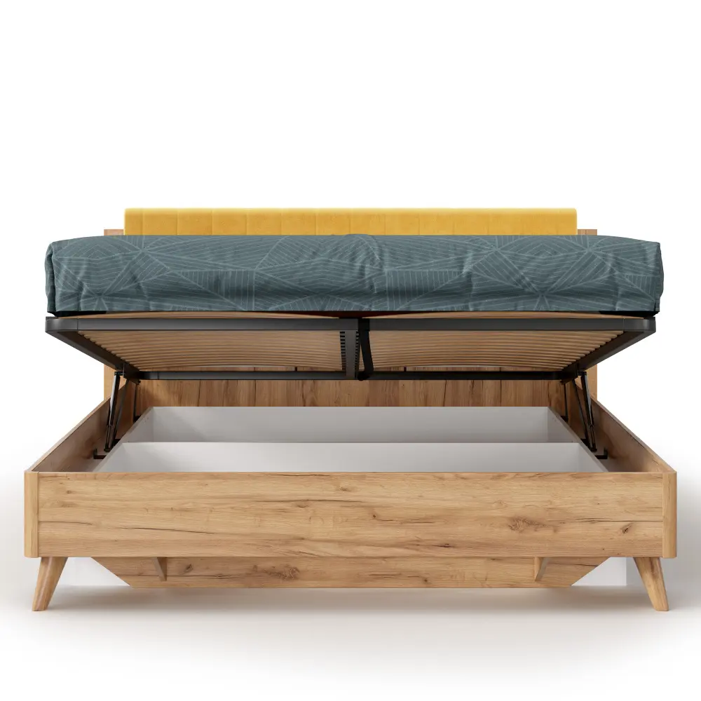 Кровать Марта-2  1600 с подъемным механизмом (вертикальная стежка Phuket) (Дуб Золотой/Горчично-желтый) | Интернет магазин Масса Мебель