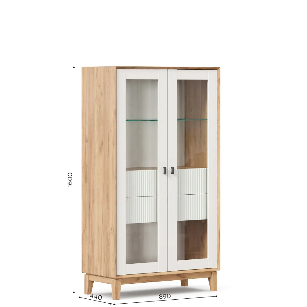 Шкаф витрина двухстворчатый малый Бари (Дуб Золотой/Белый) ЛД | Интернет магазин Масса Мебель