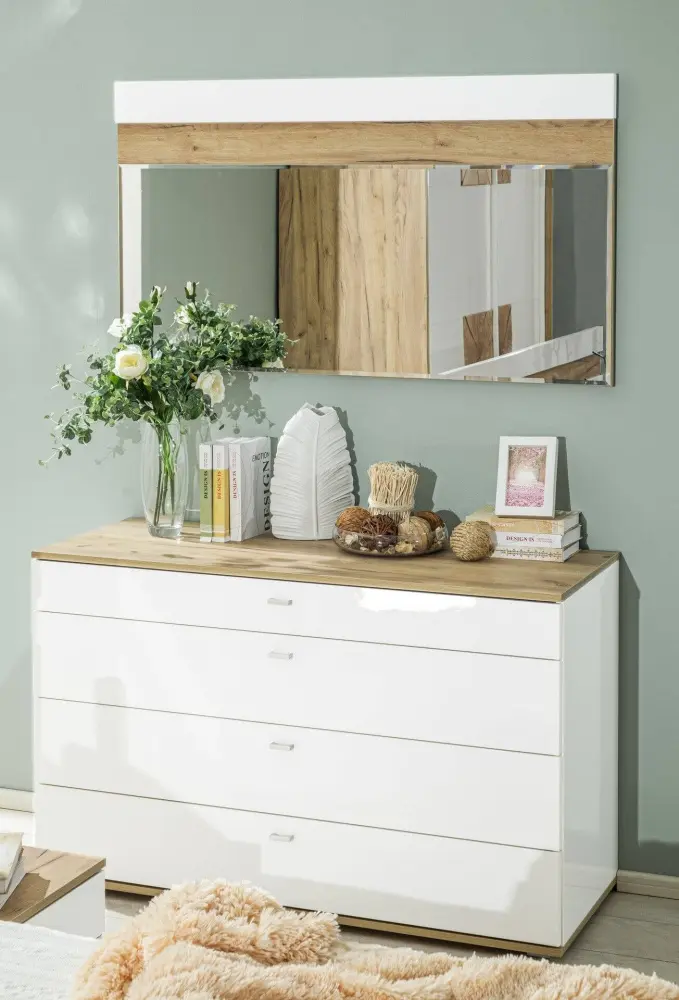 Комод Фиджи 1200 с 4 ящиками (Дуб Золотой/Белый) ЛД - интернет магазин Масса Мебель