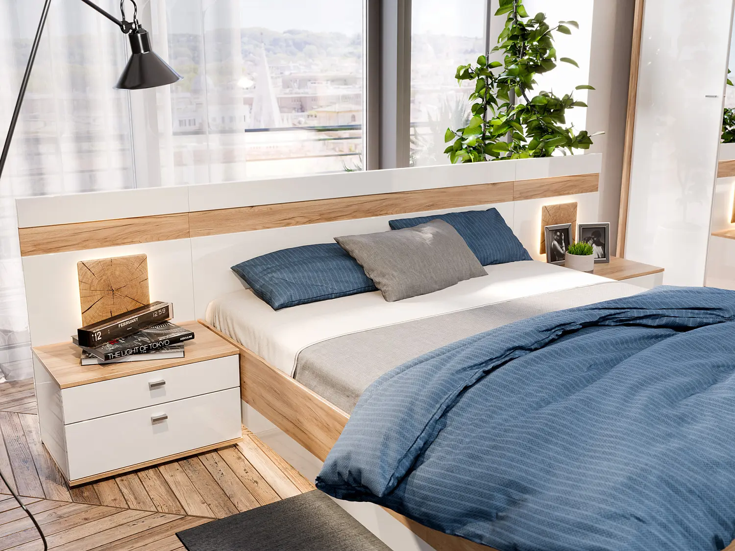 Кровать двуспальная Фиджи (Дуб золотой/Белый/Глянец) ЛД