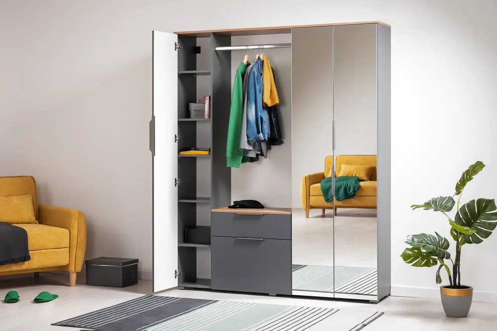 Шкаф пенал узкий Октава 13.228 Серый Графит/Дуб Золотой (Mob) | Интернет магазин Масса Мебель