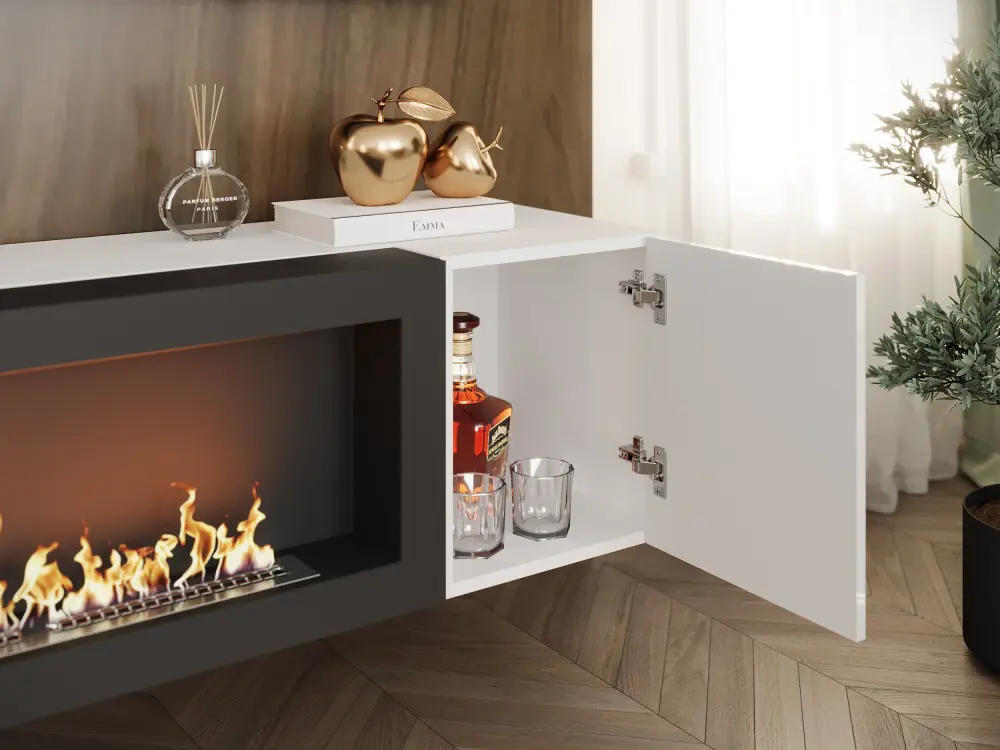 Тумба ТВ навесная с биокамином Point Т-28 Белый глянец (NK) | Интернет магазин Масса Мебель