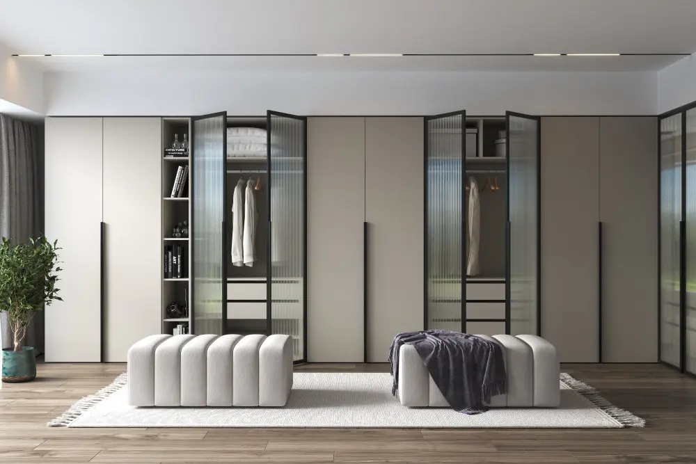 Гардеробная NEO-1 фасады кашемир, рифленое стекло | Интернет магазин Масса Мебель